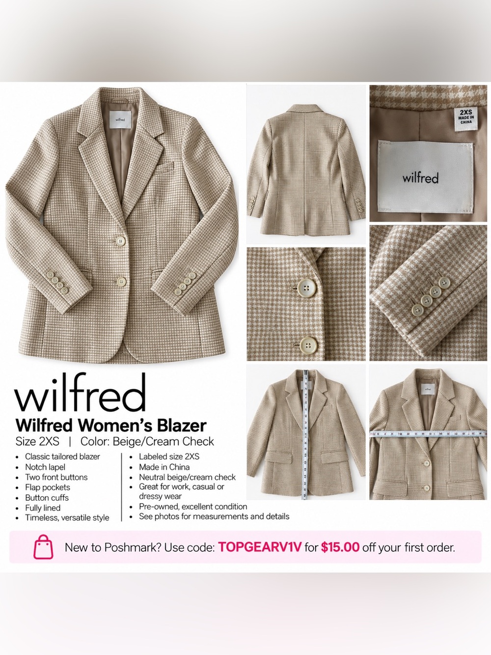 Wilfred Women's Blazer
Size 2XS
Color: Beige/Cream